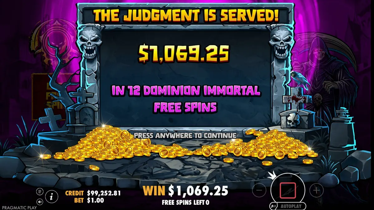 Ang Grim Reaper sa loob ng isang madilim at gothic na graveyard setting sa Death Dominion slot.